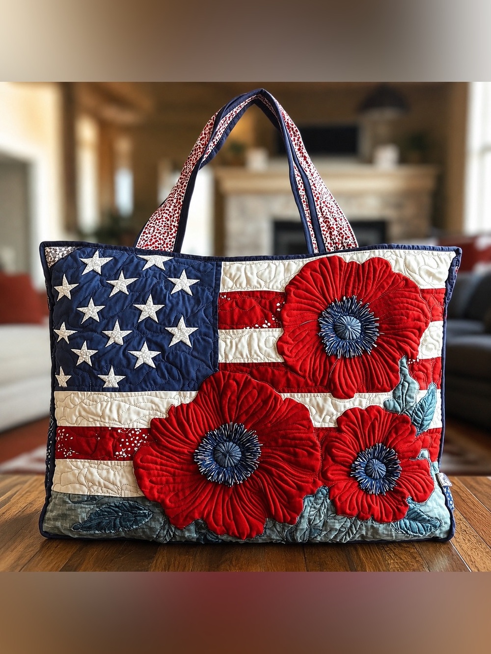 Quilted Floral American Flag Tote Bag - Red, Navy & White